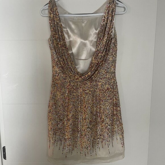 Terani Couture Silk Gold Sequined Cocktail Dress - Picture 2 of 6